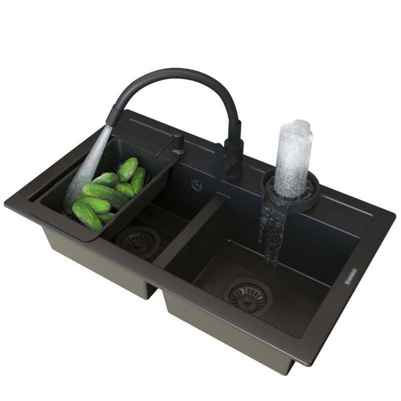 Zlewozmywak Granitowy Dwukomorowy Granitan Duet z Baterią i Syfonem 1 kpl.