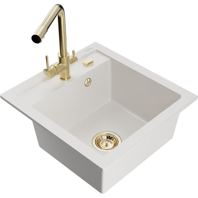 Zlewozmywak granitowy 1-komorowy Mexen Vito z baterią kuchenną Duero biały 6503-20-671600-50