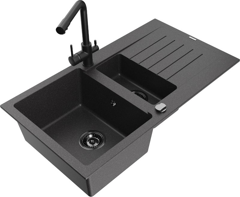Zlewozmywak granitowy Mexen Matias 1,5-komorowy z ociekaczem i baterią kuchenną Duero czarny 6502-76-671600-70-B