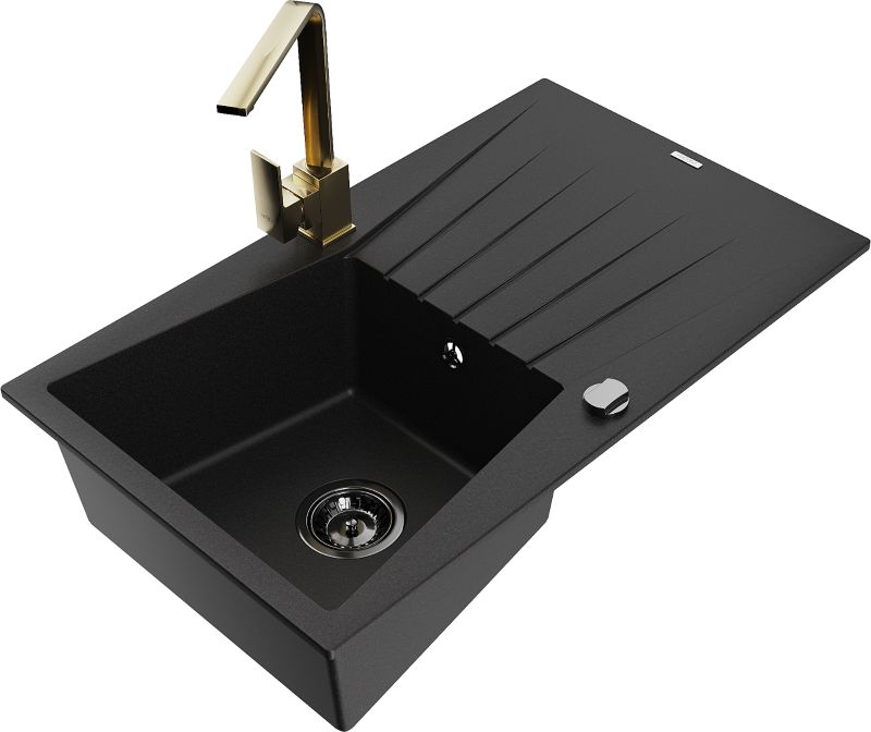 Zlewozmywak granitowy Mexen Cesar 1-komorowy z ociekaczem i baterią kuchenną Rita czarny - 6514-77-670300-70 1 szt.