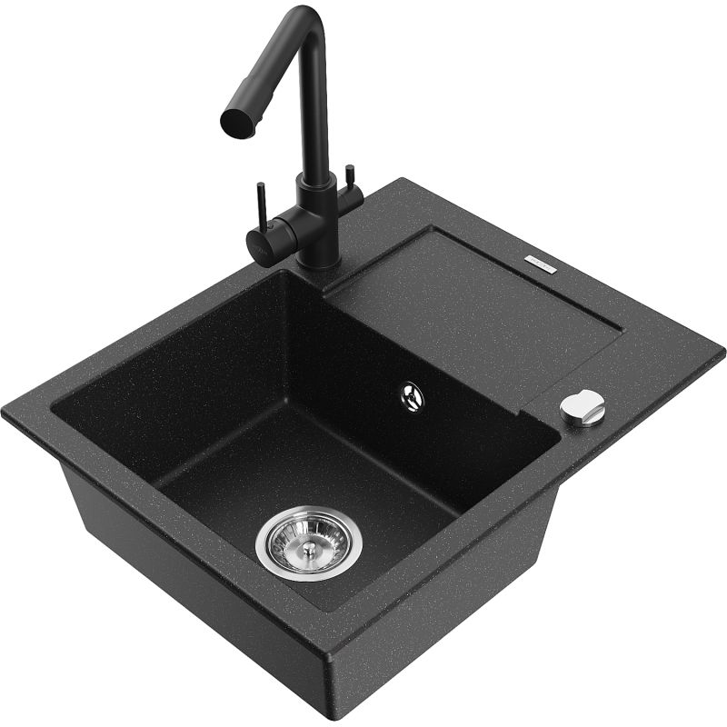 Zlewozmywak granitowy 1-komorowy Mexen Enzo z ociekaczem i baterią kuchenną Duero czarny/złoty metalik - 6506-75-671600-70 1 szt.