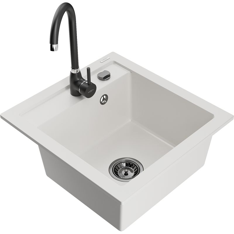 Zlewozmywak granitowy 1-komorowy Mexen Vito z baterią kuchenną Telma biały 6503-20-670200-70