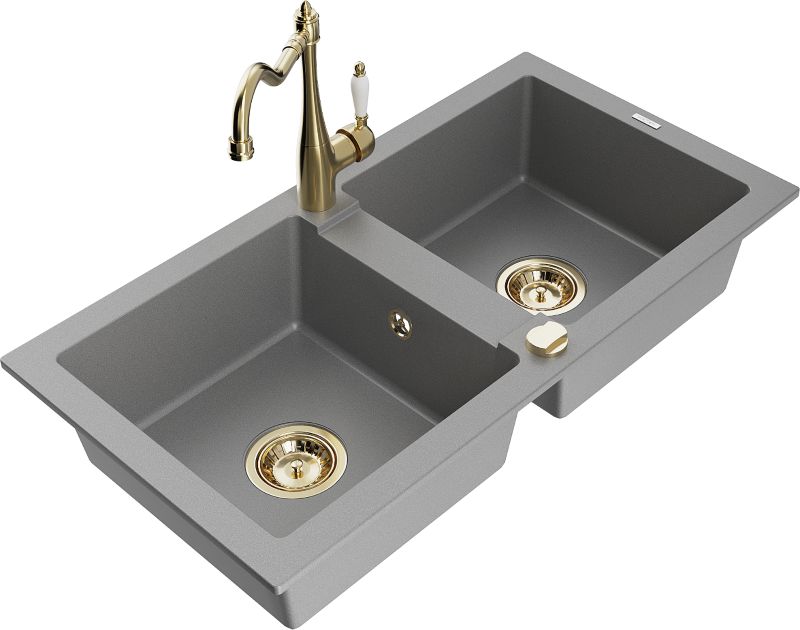 Zlewozmywak granitowy Mexen Mario 2-komorowy z baterią kuchenną Carla szary 6504-71-670700-50
