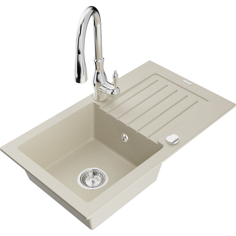 Zlewozmywak granitowy 1-komorowy Mexen Pablo z ociekaczem i baterią kuchenną Savita beżowy - 6510-69-672601-70 1 szt.