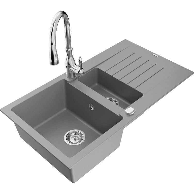 Zlewozmywak granitowy 1.5-komorowy Mexen Matias z ociekaczem i baterią kuchenną Savita szary - 6502-71-672601-71 1 szt.