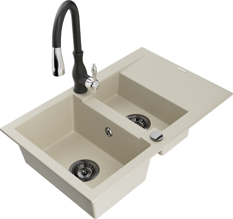 Zlewozmywak granitowy Mexen Gaspar 1,5-komorowy z ociekaczem i baterią kuchenną Savita biały - 6507-20-672601-70 1 szt.