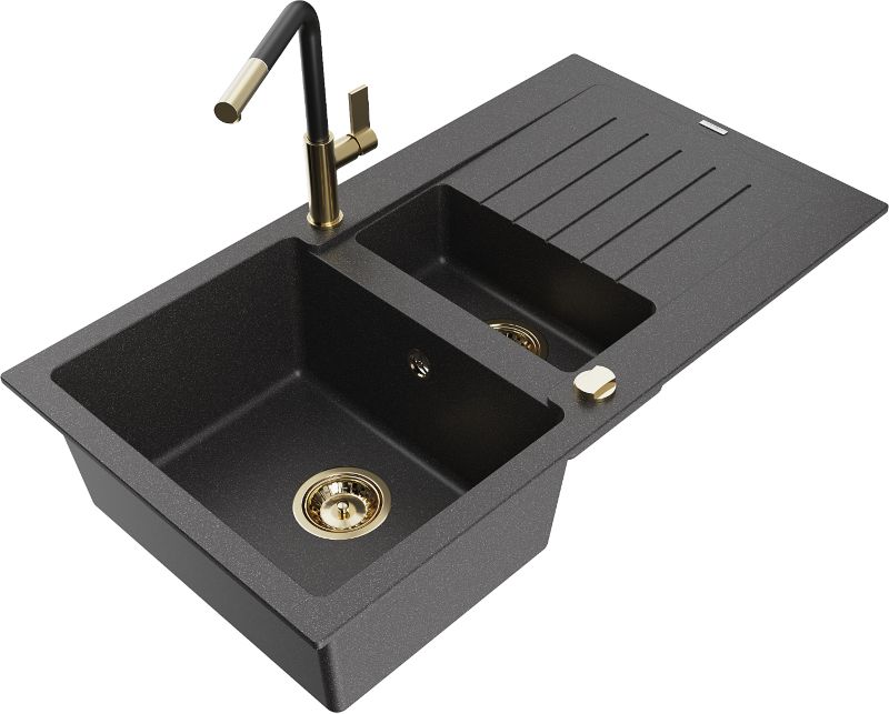 Zlewozmywak granitowy Mexen Matias 1,5-komorowy z ociekaczem i baterią kuchenną Flora czarny 6502-76-670401-57-G