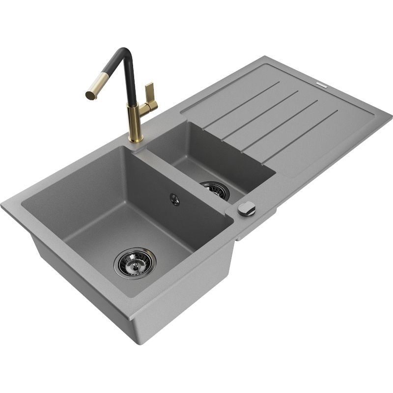 Zlewozmywak granitowy 1.5-komorowy Mexen Andres z ociekaczem i baterią kuchenną Flora szary 6515-71-670401-57-B