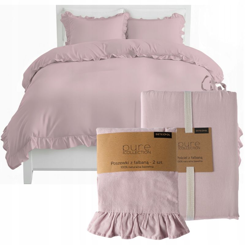 Pościel z falbaną Detexpol Pure 160x200cm + 2x poszewka 70x80cm bawełna różowa 1 kpl.