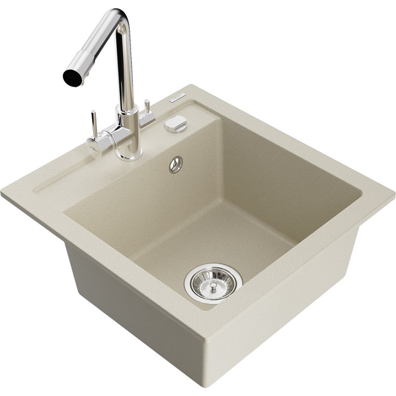 Zlewozmywak granitowy 1-komorowy Mexen Vito z baterią kuchenną Duero beżowy 6503-69-671600-00