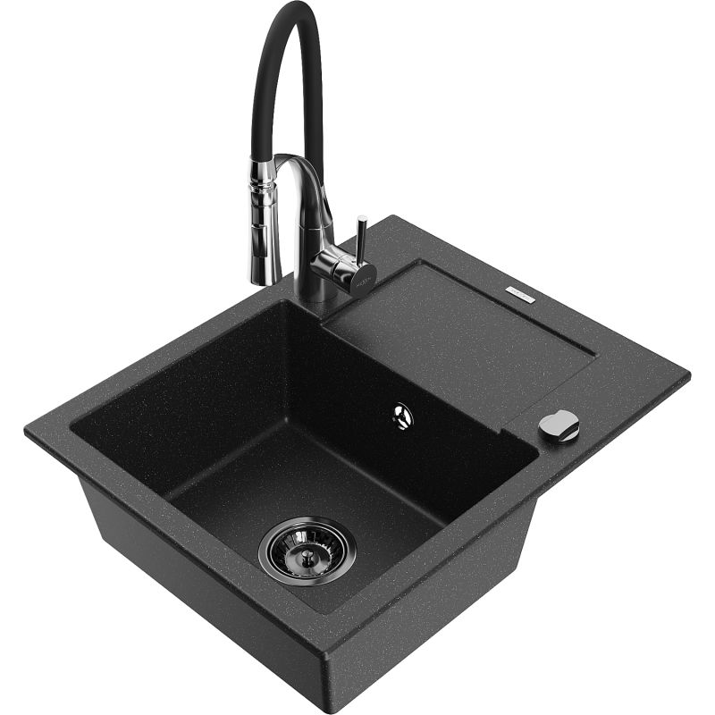 Zlewozmywak granitowy 1-komorowy Mexen Enzo z ociekaczem i baterią kuchenną Aster czarny/srebrny metalik 6506-73-73450-07-B