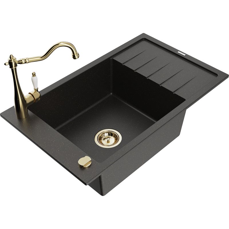 Zlewozmywak granitowy 1-komorowy Mexen Elias z ociekaczem i baterią kuchenną Carla czarny/złoty metalik 6511-75-670700-50