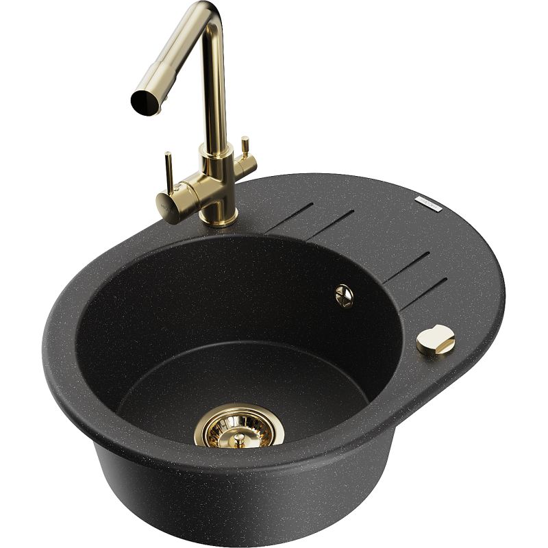 Zlewozmywak granitowy 1-komorowy Mexen Kevin z ociekaczem i baterią Duero czarny/srebrny metalik - 6517-73-671600-00 1 szt.