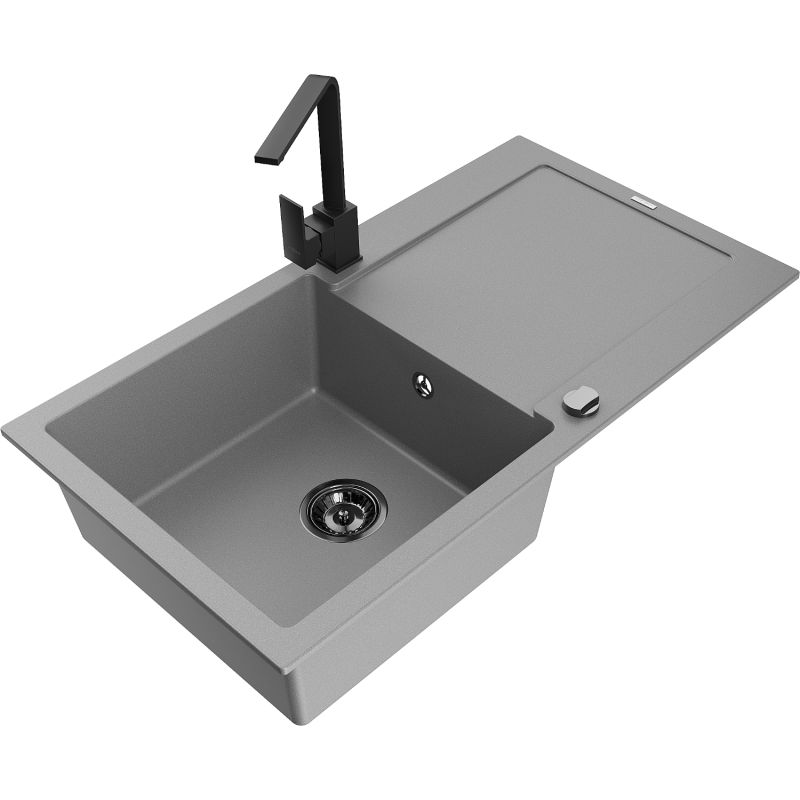 Zlewozmywak granitowy 1-komorowy Mexen Leo z ociekaczem i baterią kuchenną Rita szary - 6501-71-670300-70 1 szt.