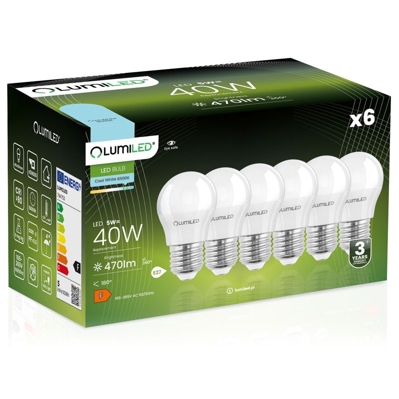 Żarówka LED LUMILED E27 P45 5W 470lm 6500K 180st 6 szt.