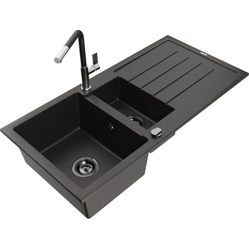 Zlewozmywak granitowy 1.5-komorowy Mexen Andres z ociekaczem i baterią kuchenną Flora czarny/złoty 6515-75-670401-07-B