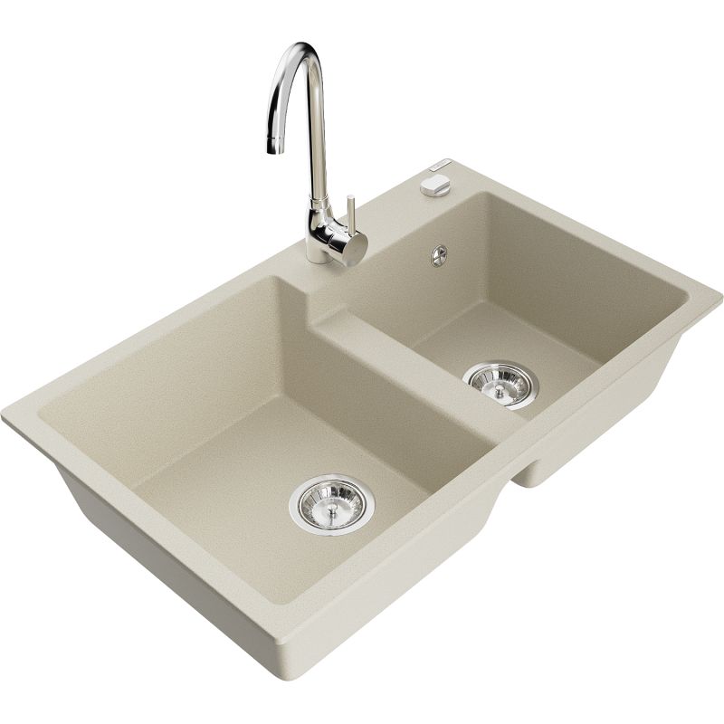 Zlewozmywak granitowy 2-komorowy Mexen Tomas z baterią kuchenną Telma beżowy 6516-69-670200-00