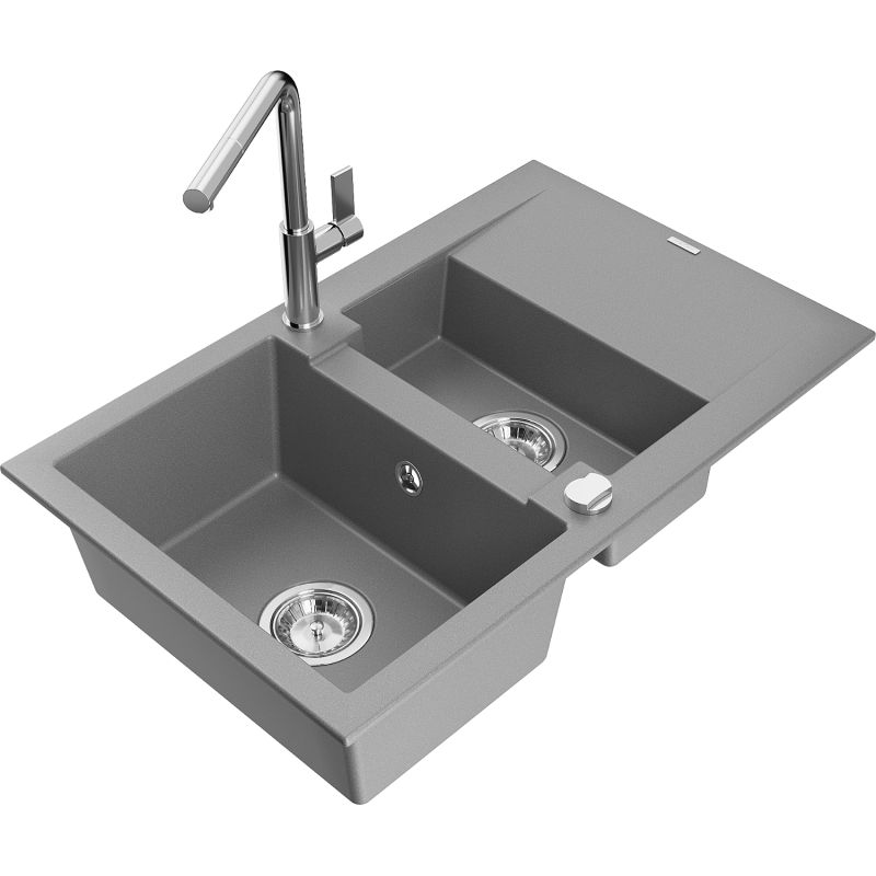 Zlewozmywak granitowy 1.5-komorowy Mexen Gaspar z ociekaczem i baterią kuchenną Flora szary 6507-71-670401-00