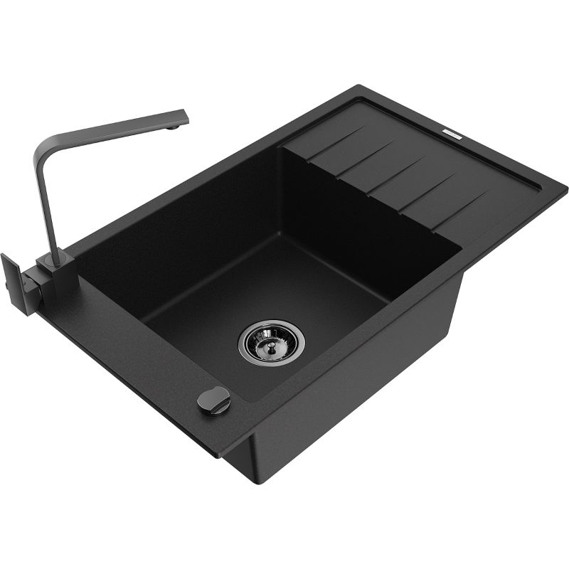 Zlewozmywak granitowy 1-komorowy Mexen Elias z ociekaczem i baterią kuchenną Rita czarny - 6511-77-670300-70 1 szt.