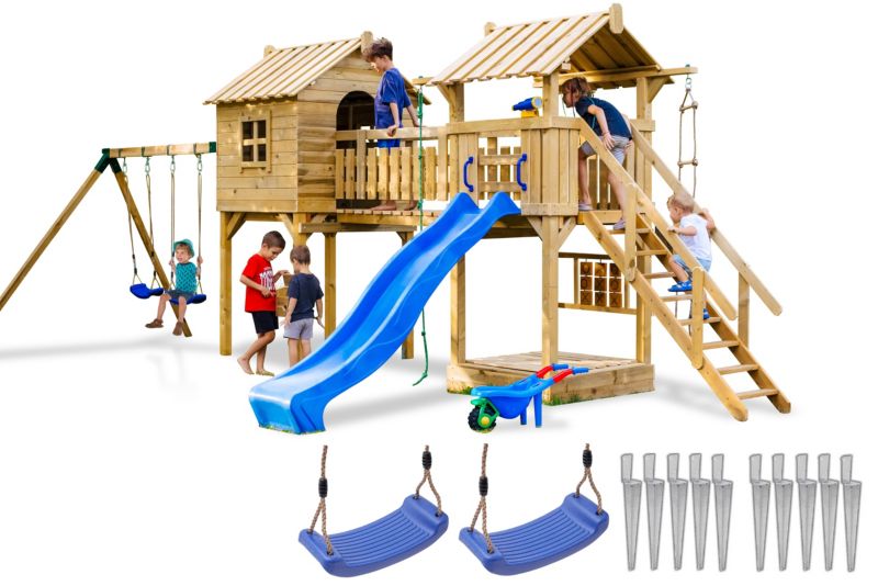 Plac zabaw dla dzieci Meblogród Mała Kraina niebieska zjeżdżalnia i huśtawki, domek, wieża, mostek, piaskownica, drabinka, 1kpl