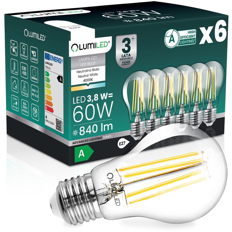 Żarówka LED Lumiled E27 A60 3,8W 840lm 4000K 360st Filament Klasa A 6 szt.