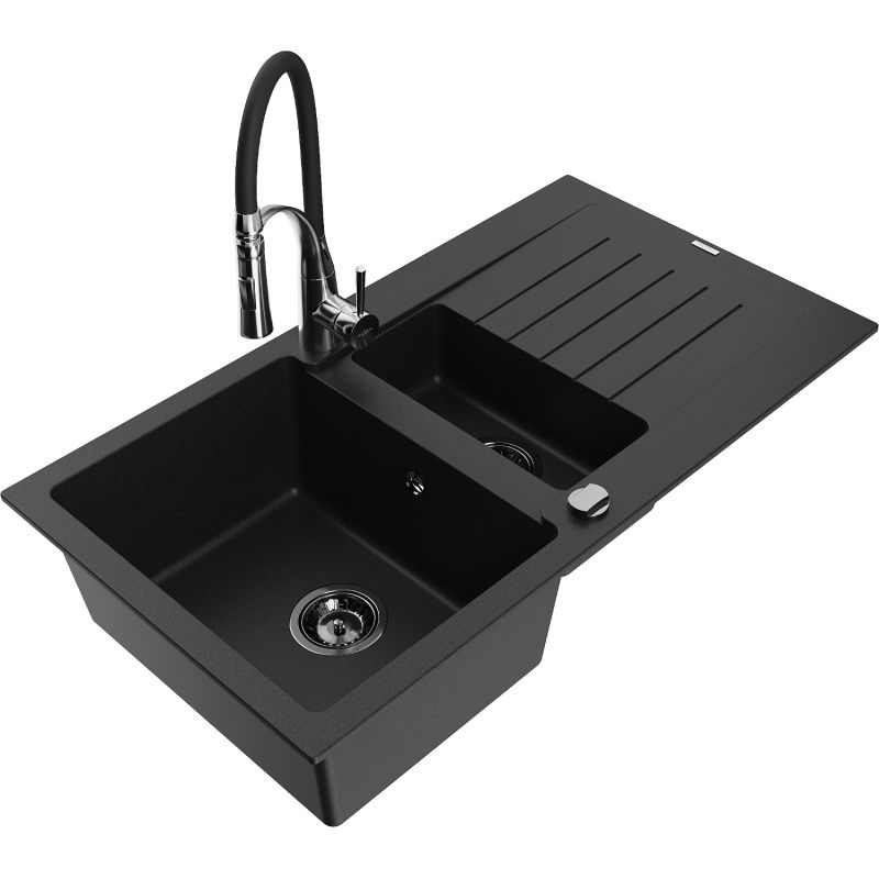 Zlewozmywak granitowy 1.5-komorowy Mexen Matias z ociekaczem i baterią kuchenną Aster czarny - 6502-77-73450-07 1 szt.