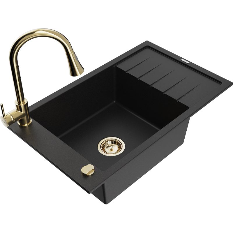 Zlewozmywak granitowy 1-komorowy Mexen Elias z ociekaczem i baterią kuchenną Elia czarny 6511-77-670101-50