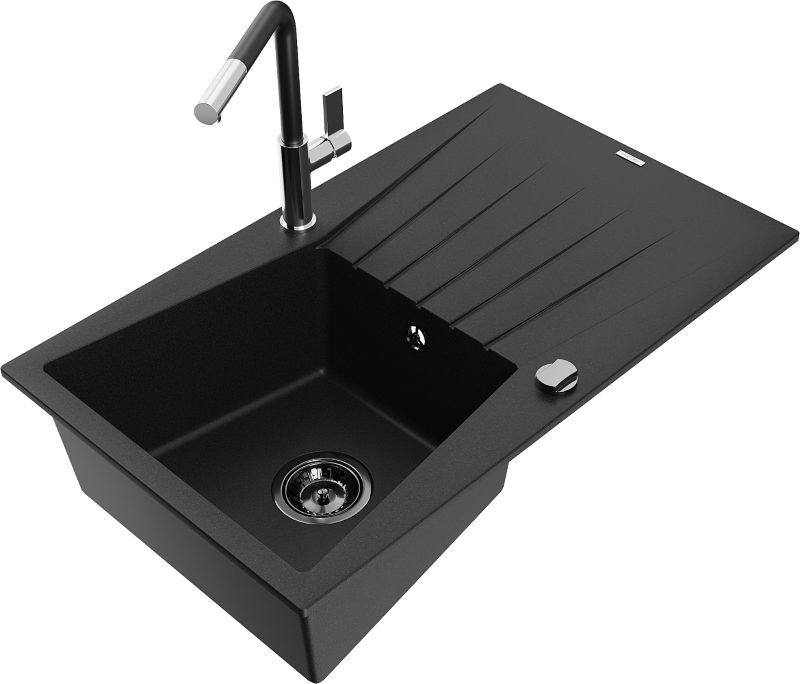 Zlewozmywak granitowy Mexen Cesar 1-komorowy z ociekaczem i baterią kuchenną Flora czarny - 6514-77-670401-70-B 1 szt.