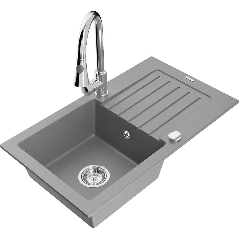 Zlewozmywak granitowy 1-komorowy Mexen Pablo z ociekaczem i baterią kuchenną Elia szary 6510-71-670101-00