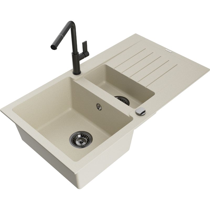 Zlewozmywak granitowy 1.5-komorowy Mexen Matias z ociekaczem i baterią kuchenną Flora biały - 6502-20-670401-70-B 1 szt.