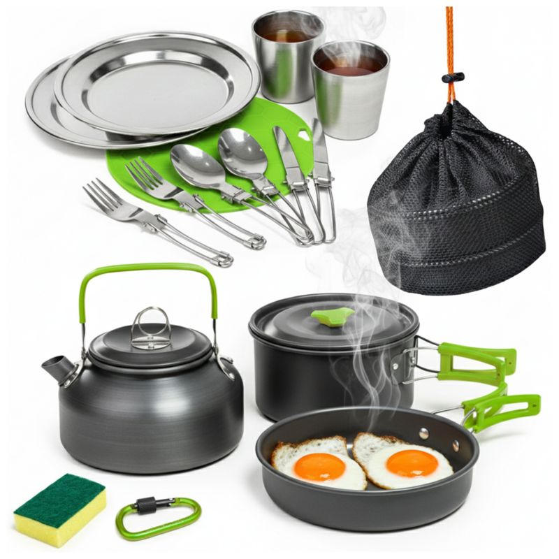 Zestaw garnków naczyń turystycznych pod namiot zielony