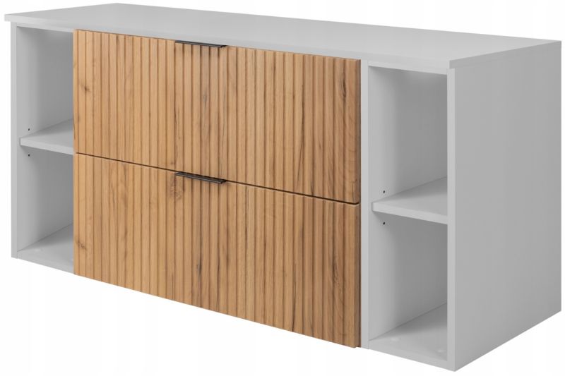 Szafka łazienkowa Furnidea 120 cm wisząca pod umywalkę dąb craft złoty z białym regałem i blatem FLOW 1 szt.