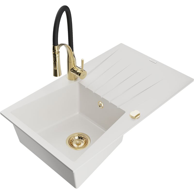 Zlewozmywak granitowy 1-komorowy Mexen Cesar z ociekaczem i baterią kuchenną Aster biały 6514-20-73450-57-G