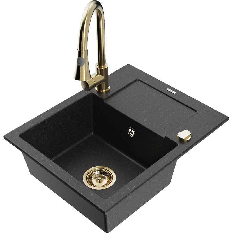 Zlewozmywak granitowy 1-komorowy Mexen Enzo z ociekaczem i baterią kuchenną Elia czarny/srebrny metalik 6506-73-670101-50