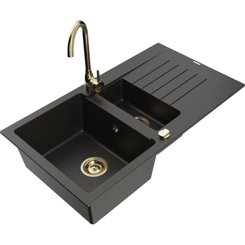Zlewozmywak granitowy 1.5-komorowy Mexen Matias z ociekaczem i baterią kuchenną Telma czarny/złoty 6502-75-670200-50
