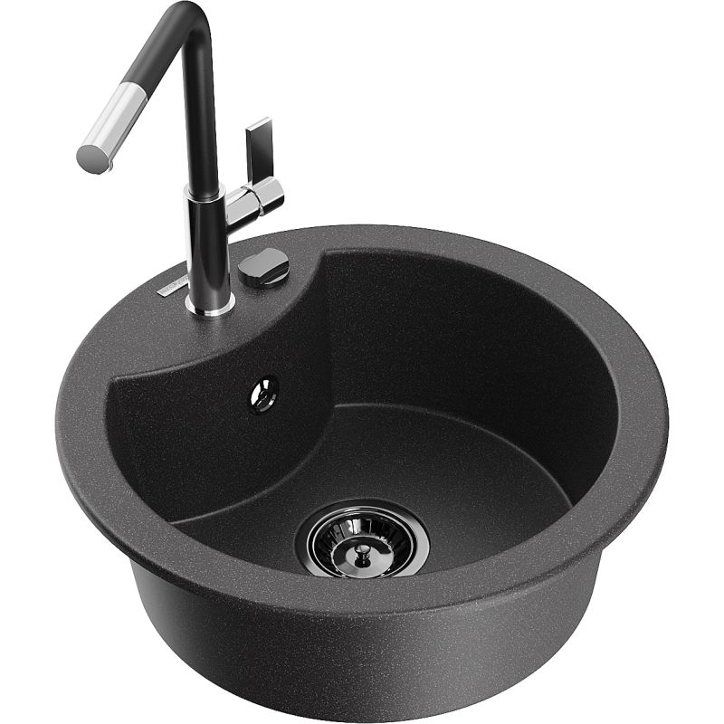 Zlewozmywak granitowy 1-komorowy Mexen Diego z baterią kuchenną Flora czarny nakrapiany - 6512-76-670401-00 1 szt.