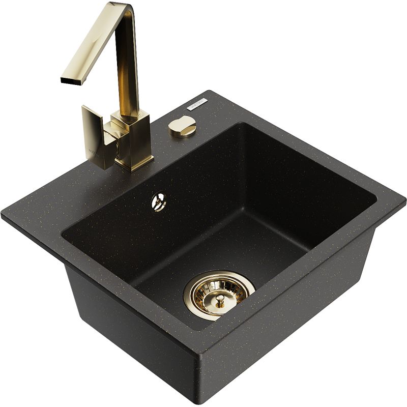 Zlewozmywak granitowy 1-komorowy Mexen Milo z baterią kuchenną Rita czarny/złoty metalik 6505-75-670300-50