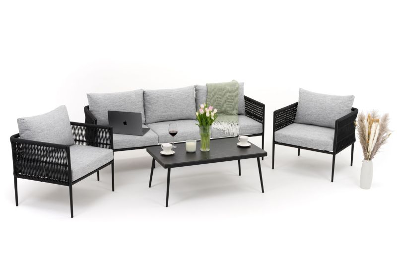 Zestaw mebli ogrodowych sofa fotel New Home BELIZE szaro czarny aluminiowy z blatem z płyty HPL 1 kpl