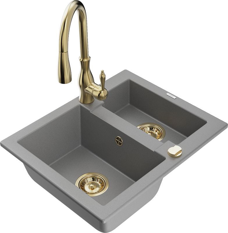 Zlewozmywak granitowy Mexen Carlos 1,5-komorowy z baterią kuchenną Savita szary 6518-71-672601-50