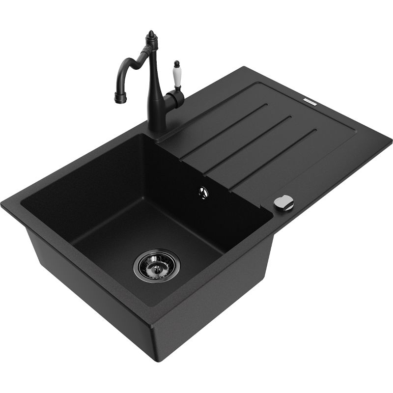 Zlewozmywak granitowy 1-komorowy Mexen Bruno z ociekaczem i baterią kuchenną Carla czarny 6513-77-670700-70-B