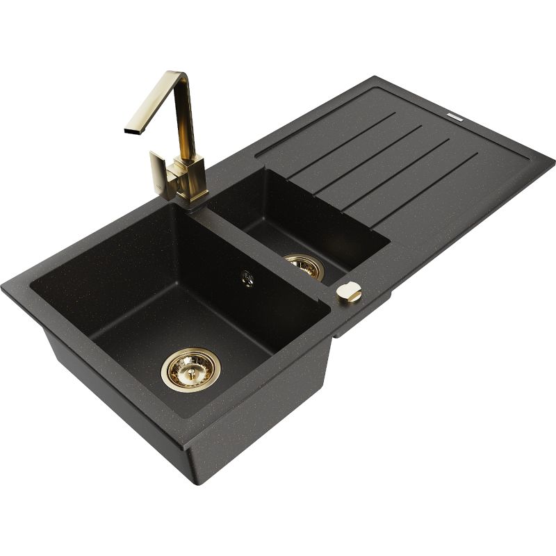 Zlewozmywak granitowy 1.5-komorowy Mexen Andres z ociekaczem i baterią kuchenną Rita czarny/złoty metalik 6515-75-670300-50