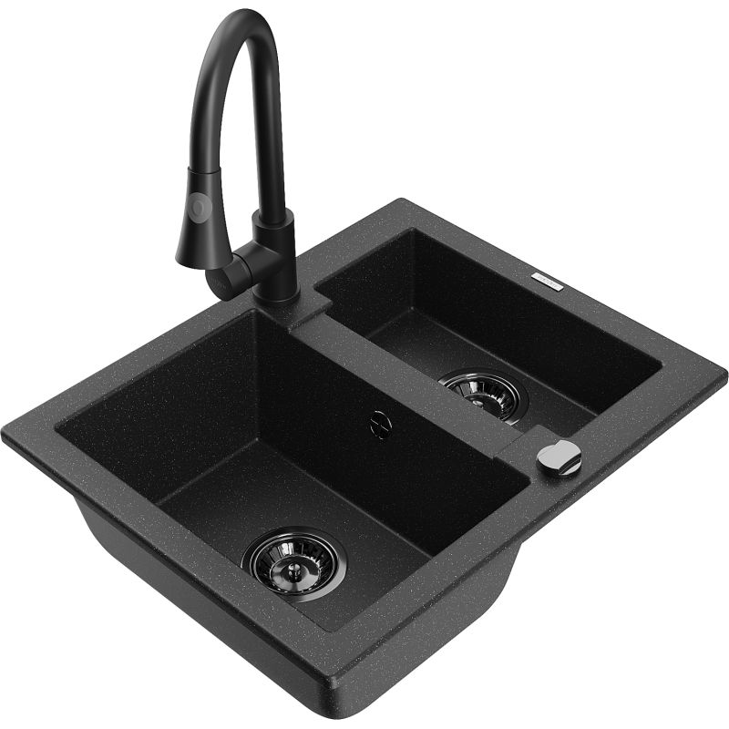 Zlewozmywak granitowy 1.5-komorowy Mexen Carlos z baterią kuchenną Elia czarny/złoty metalik - 6518-75-670101-70-B 1 szt.