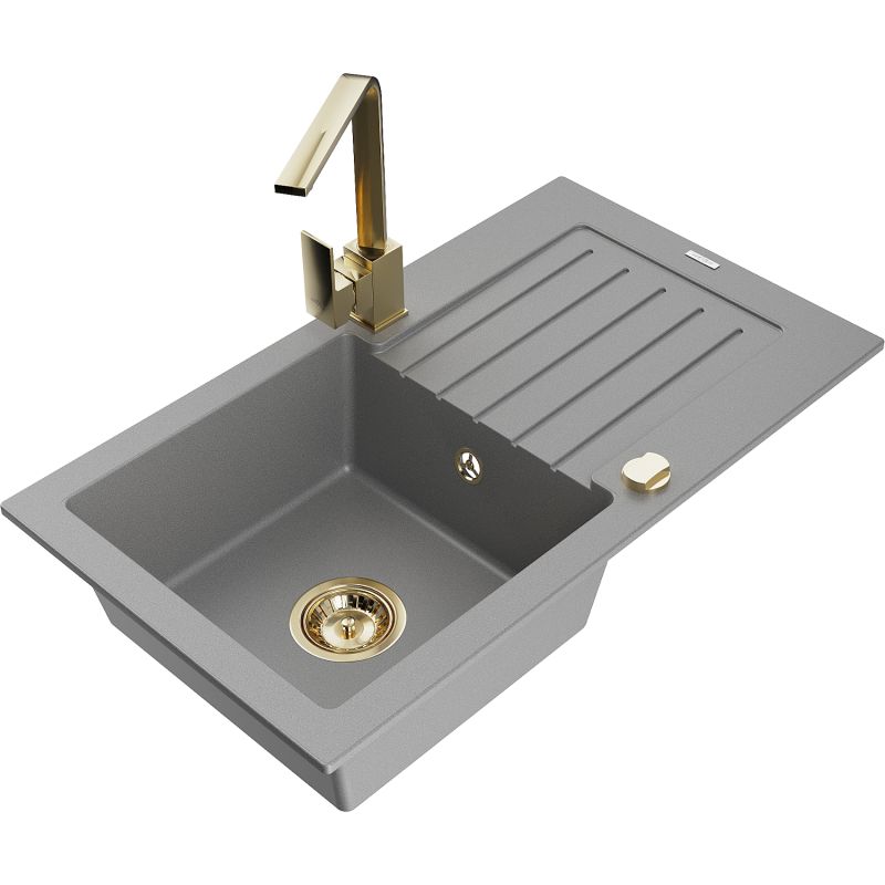 Zlewozmywak granitowy 1-komorowy Mexen Pablo z ociekaczem i baterią kuchenną Rita szary 6510-71-670300-50