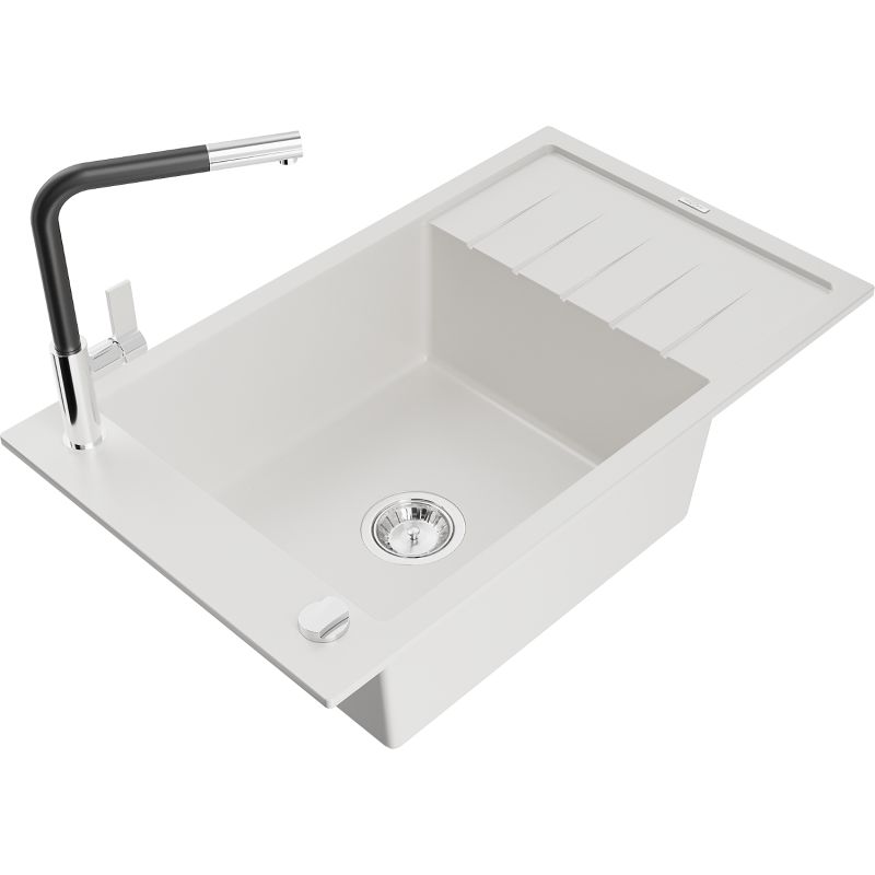 Zlewozmywak granitowy 1-komorowy Mexen Elias z ociekaczem i baterią kuchenną Flora biały 6511-20-670401-07