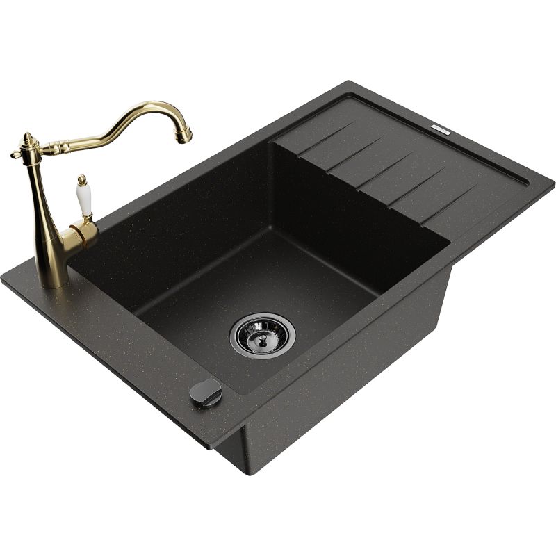 Zlewozmywak granitowy 1-komorowy Mexen Elias z ociekaczem i baterią kuchenną Carla czarny/złoty metalik 6511-75-670700-50-B