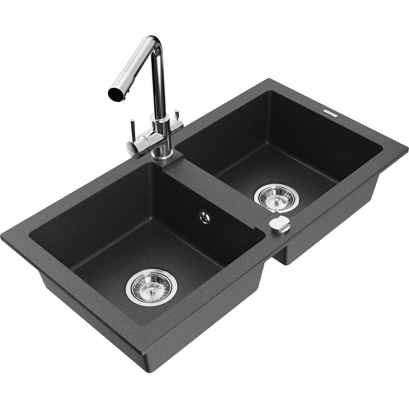 Zlewozmywak granitowy 2-komorowy Mexen Mario z baterią kuchenną Duero czarny nakrapiany 6504-76-671600-00