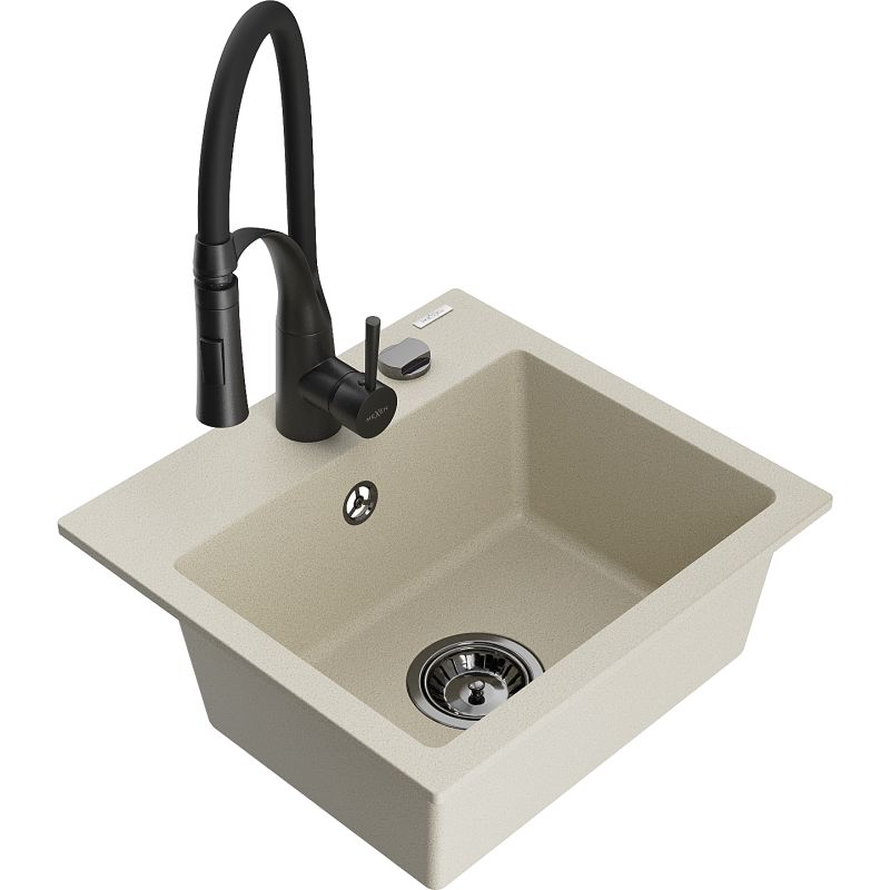 Zlewozmywak granitowy 1-komorowy Mexen Milo z baterią kuchenną Aster biały - 6505-20-73450-70-B 1 szt.