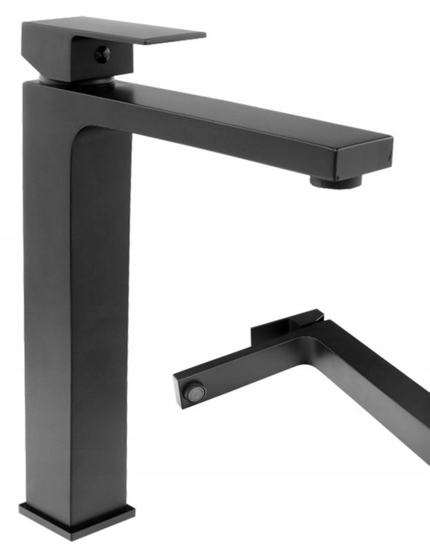 Bateria Umywalkowa Wysoka Nablatowa Cube Czarna Granitan Łazienkowa Prosta 1 szt.