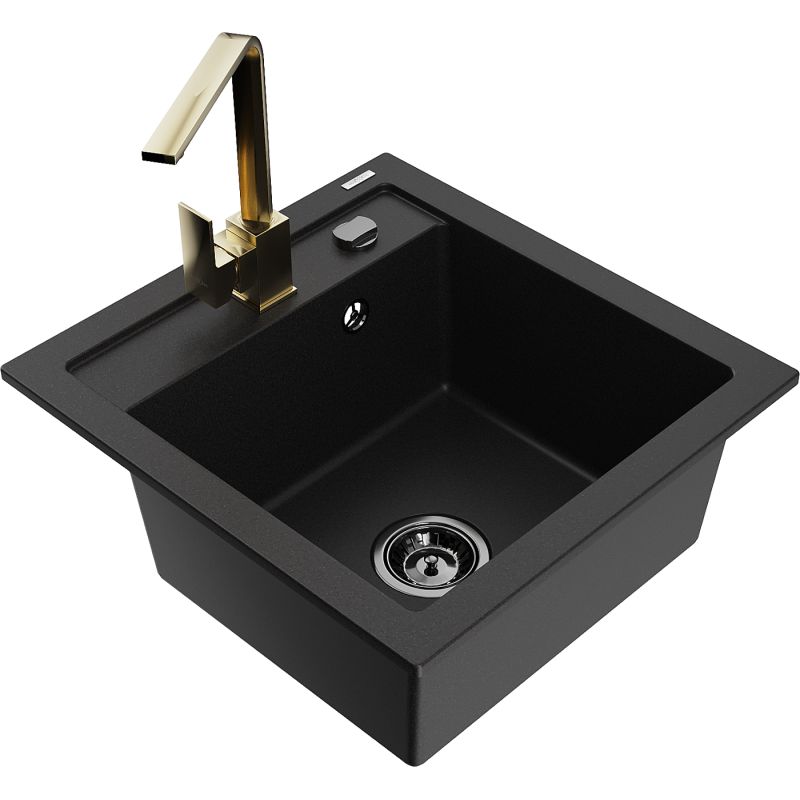 Zlewozmywak granitowy 1-komorowy Mexen Vito z baterią kuchenną Rita czarny/srebrny metalik - 6503-73-670300-70-B 1 szt.