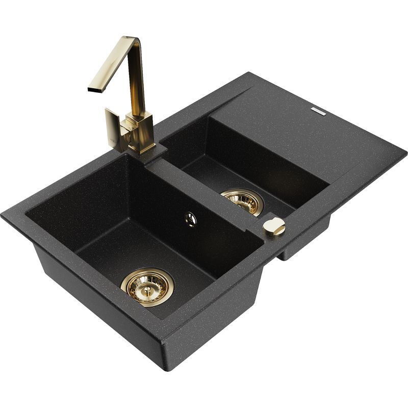 Zlewozmywak granitowy 1.5-komorowy Mexen Gaspar z ociekaczem i baterią kuchenną Rita czarny/złoty - 6507-75-670300-70 1 szt.